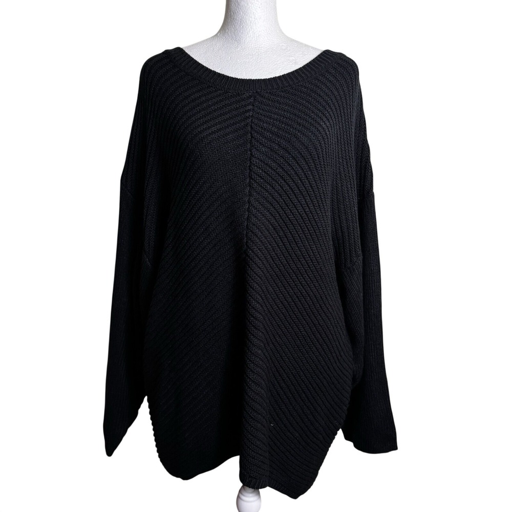 NWT Simple Suzanne Betro Black Ribbed Knit Diagonal Seam Sweater Plus 1X 2X‎